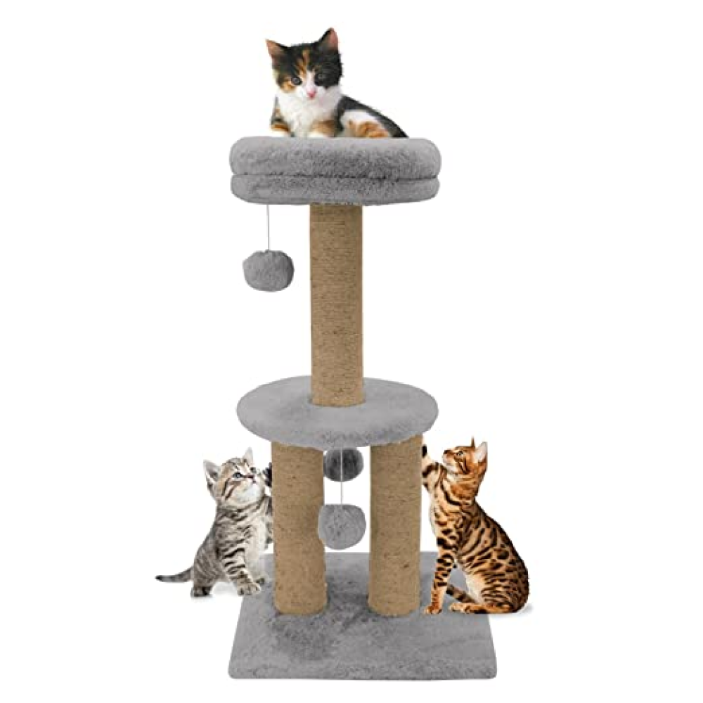 Hiputee Soft Fur Activity Scratching Post with Natural Sisal Rope Two Floor Tower with Three Hanging Balls Tree for Cats