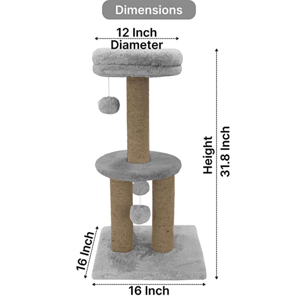 Hiputee Soft Fur Activity Scratching Post with Natural Sisal Rope Two Floor Tower with Three Hanging Balls Tree for Cats