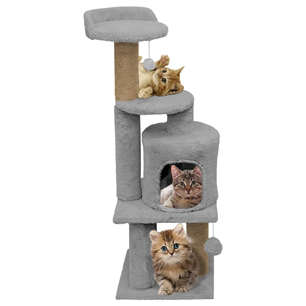 Hiputee Soft Fur Activity Scratching Post with Natural Sisal Rope Triple Platform Tower Tree for Cats