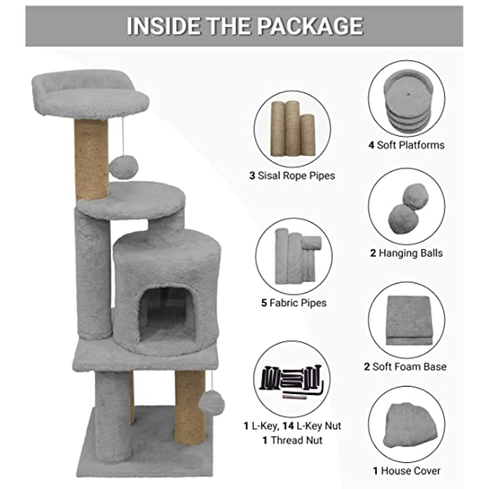 Hiputee Soft Fur Activity Scratching Post with Natural Sisal Rope Triple Platform Tower Tree for Cats