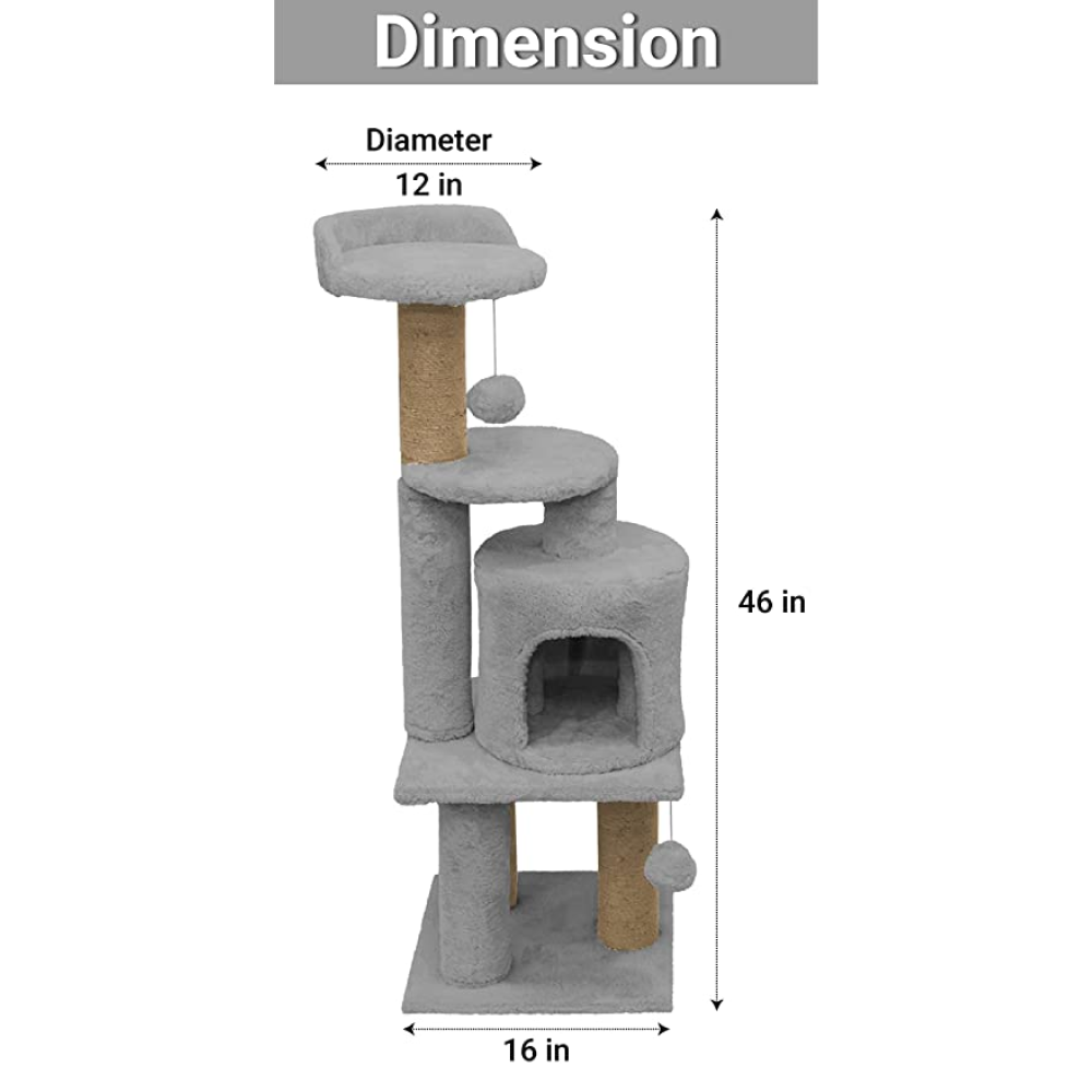 Hiputee Soft Fur Activity Scratching Post with Natural Sisal Rope Triple Platform Tower Tree for Cats