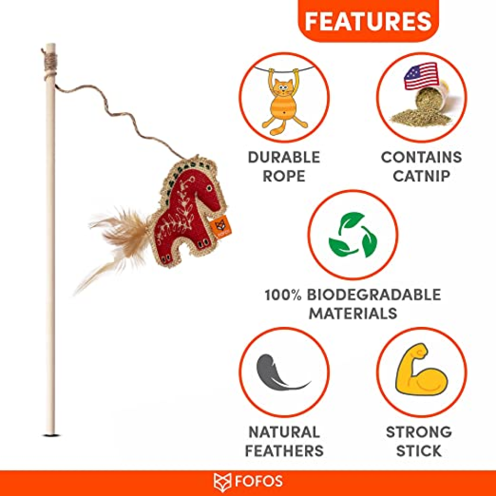 Barkbutler Fofos Scandi wooden stick Toy for Cats - Horse, Crocodile & Rooster (Pack of 3)