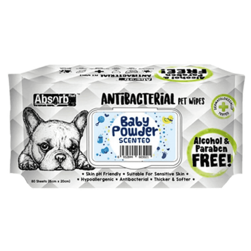 Absolute Pet Absorb Plus Baby Powder Scented Antibacterial Wipes for Pets (15x20cm)