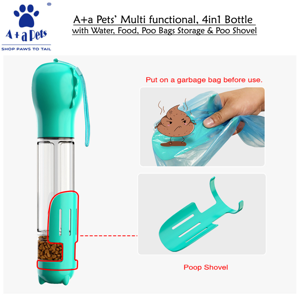 A Plus A Pets 4in1 Multi Functional Bottle with Water, Food, Poo Bags Storage & Poo Shovel for Dogs (Get Free Bath Deodorant)