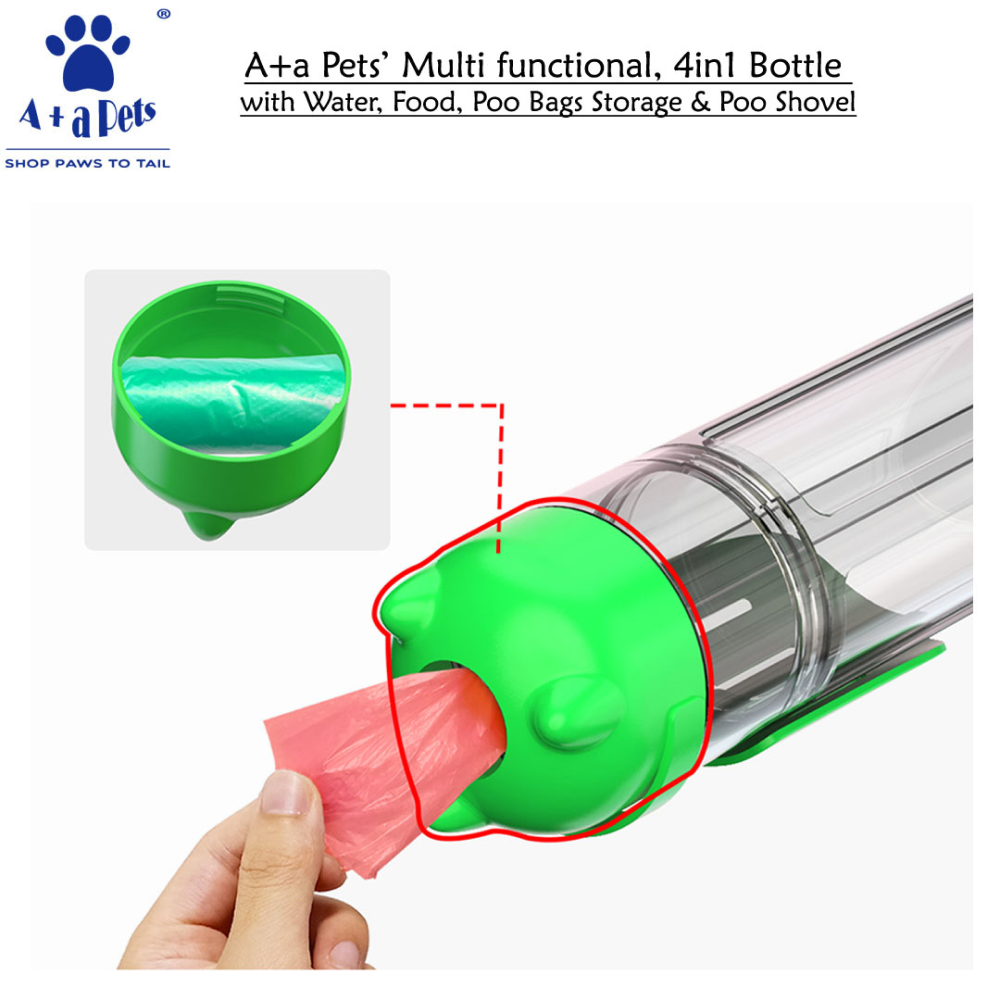 A Plus A Pets 4in1 Multi Functional Bottle with Water, Food, Poo Bags Storage & Poo Shovel for Dogs (Yellow)