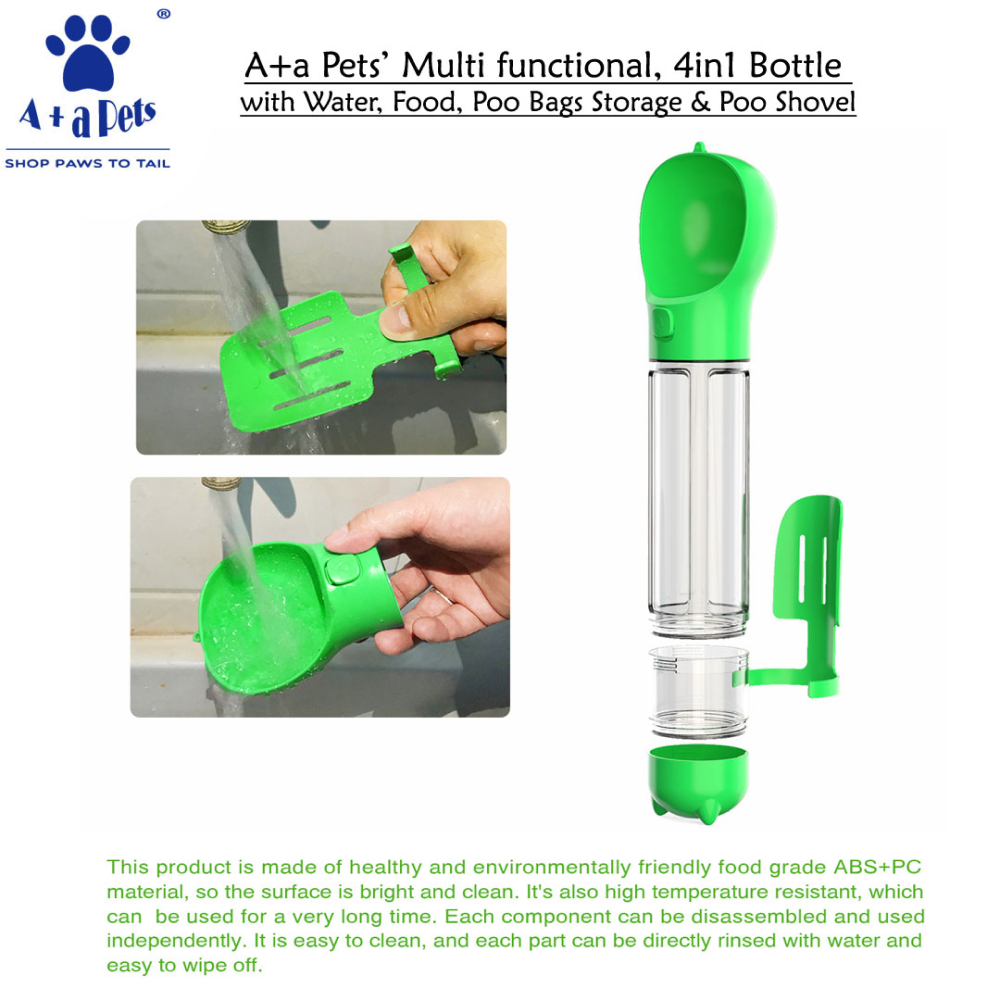 A Plus A Pets 4in1 Multi Functional Bottle with Water, Food, Poo Bags Storage & Poo Shovel for Dogs (Green)