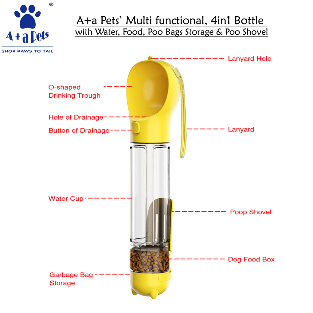 A Plus A Pets 4in1 Multi Functional Bottle with Water, Food, Poo Bags Storage & Poo Shovel for Dogs (Green)