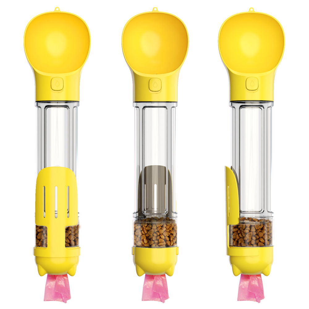 A Plus A Pets 4in1 Multi Functional Bottle with Water, Food, Poo Bags Storage & Poo Shovel for Dogs (Yellow)