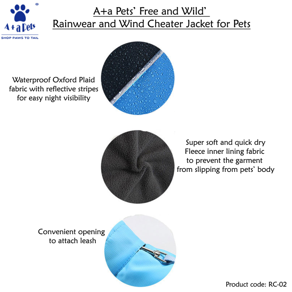 A Plus A Pets Free & Wild Warm Rainwear Wind Cheater Jacket For Pets (Blue)