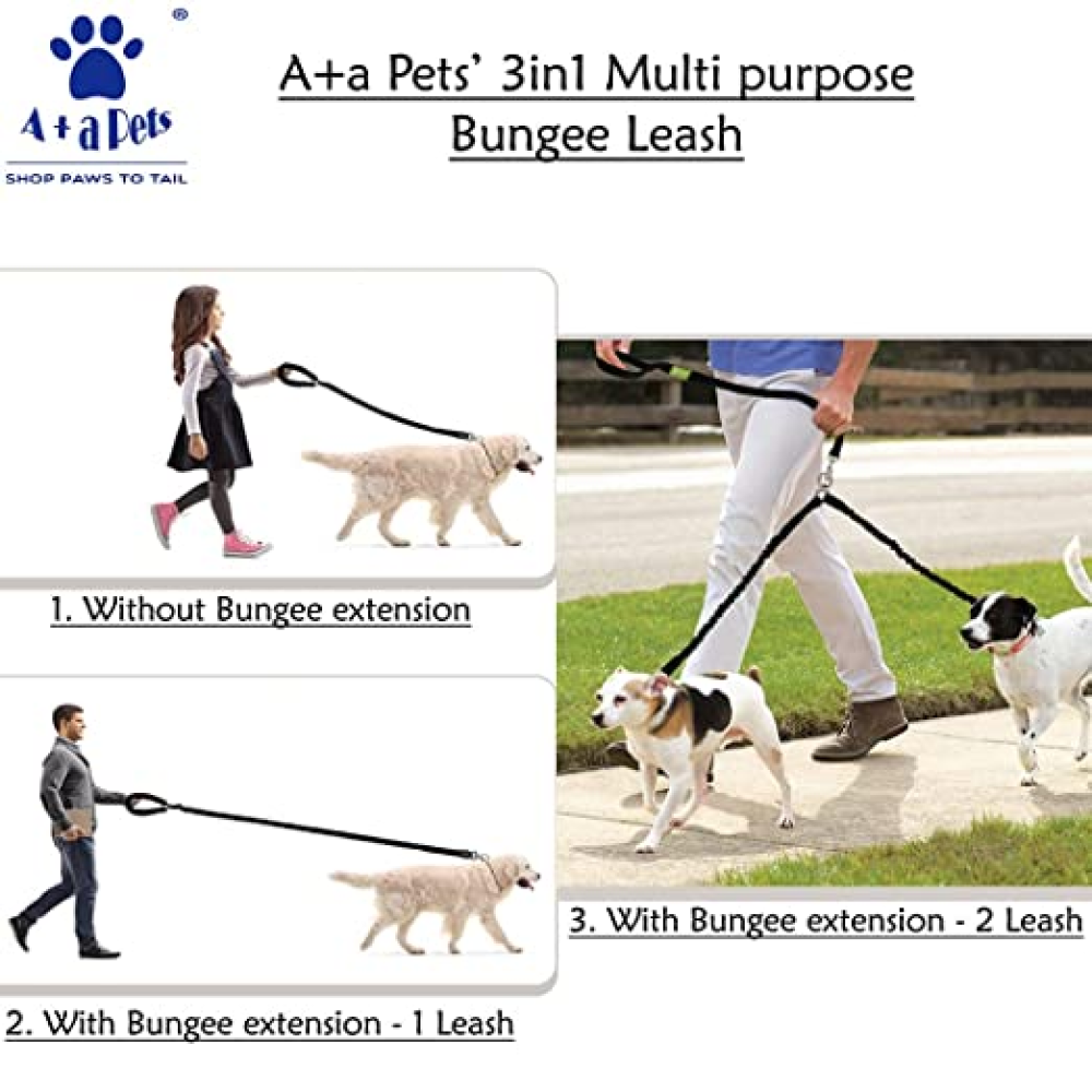A Plus A Pets 3in1 Multi Purpose Bungee Leash for 2 Dogs (Green)