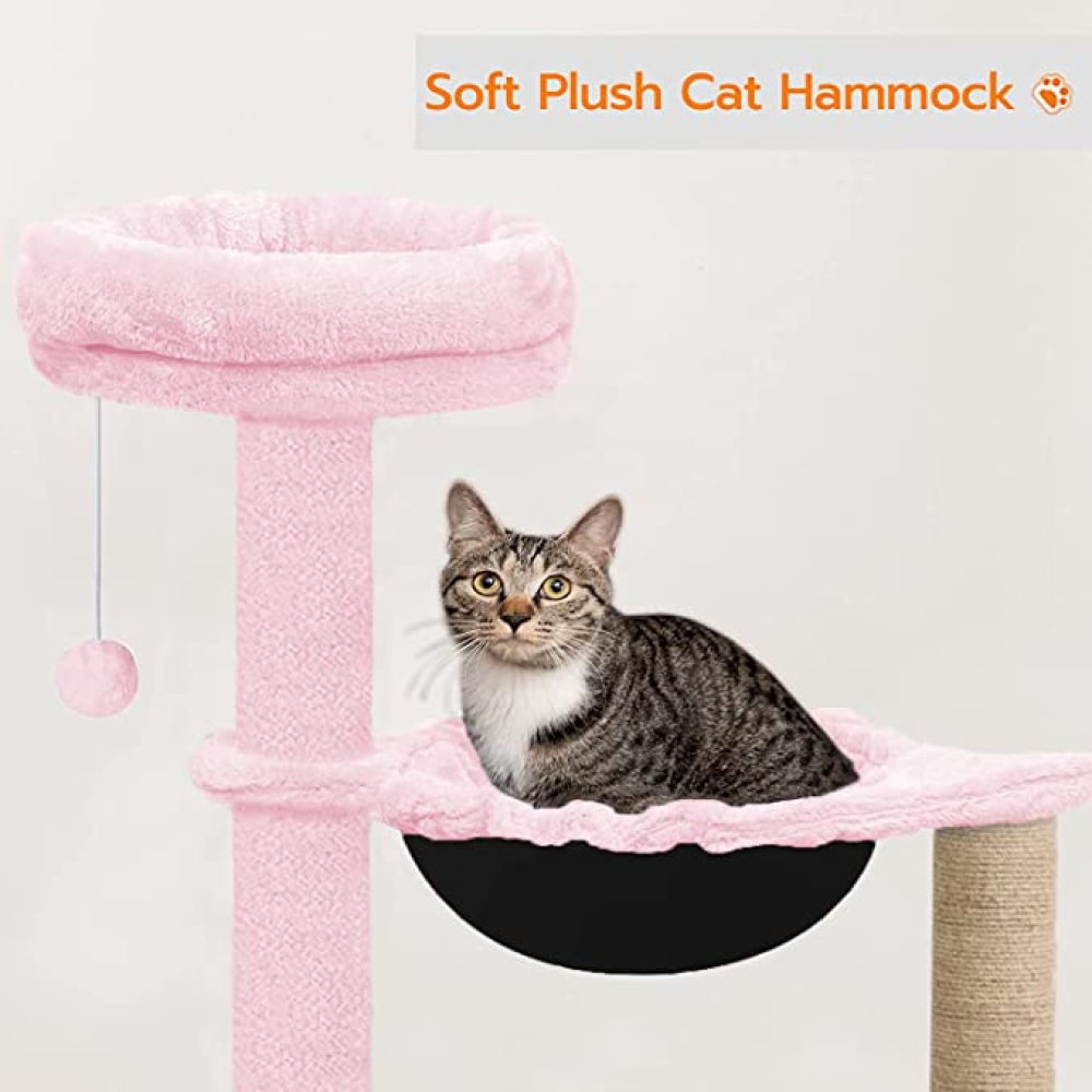 Hiputee Soft Fur Condo, Natural Sisal Rope, Scratching Post, Dangling Toys, Hanging Hammock Tree for Cats (Pink)