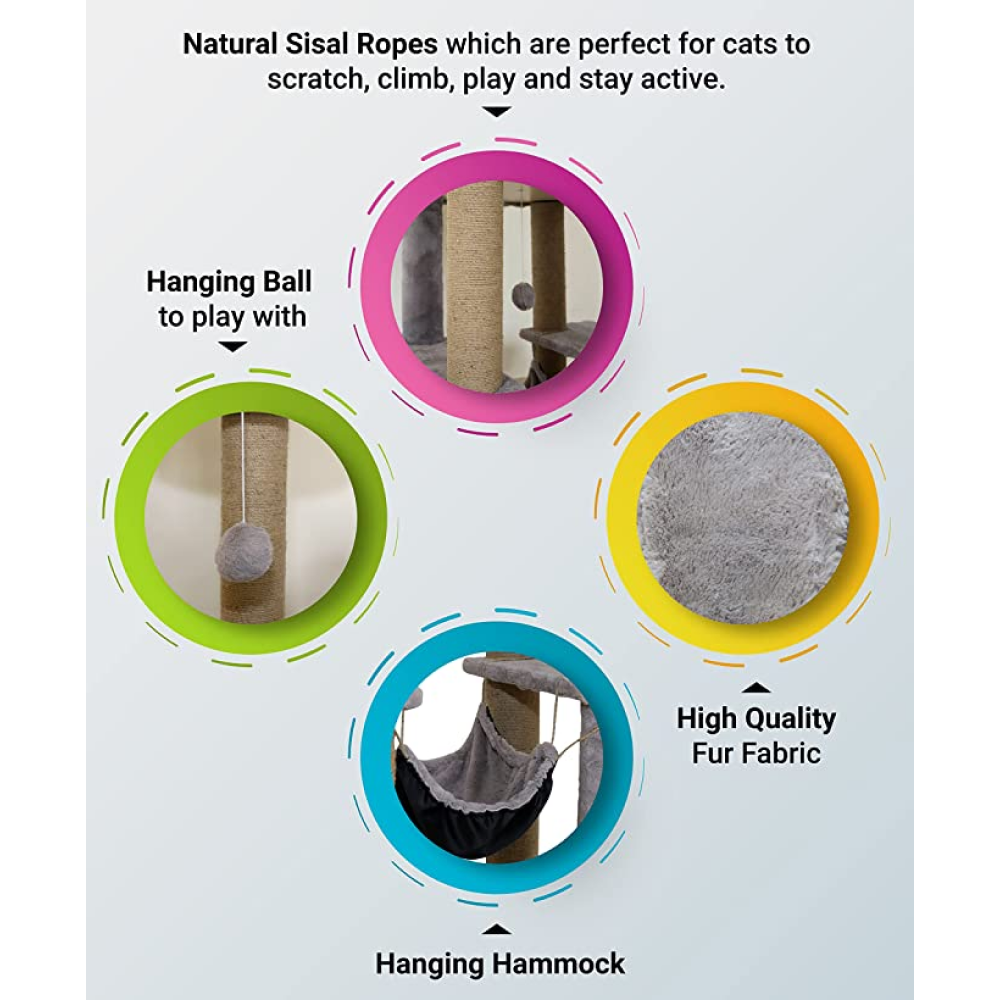 Hiputee Fur Condo Activity Natural Sisal Rope, Detachable, Multilevel, Hanging Hammock and Balls, Scratching Post for Cats (Grey)
