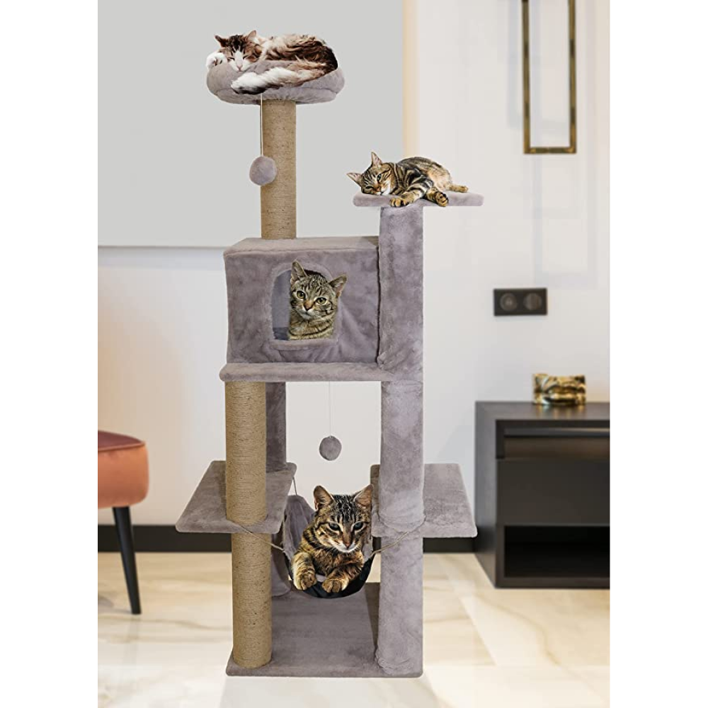 Hiputee Fur Condo Activity Natural Sisal Rope, Detachable, Multilevel, Hanging Hammock and Balls, Scratching Post for Cats (Grey)