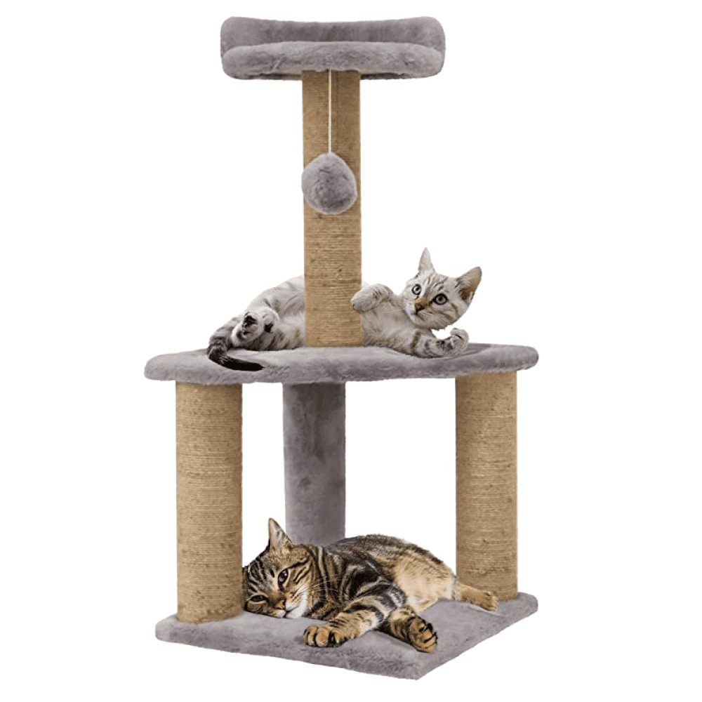 Hiputee Soft Fur Activity, Scratching Post, Natural Sisal Rope, Two Floor Tower, Hanging Ball Tree for Cats (Grey)