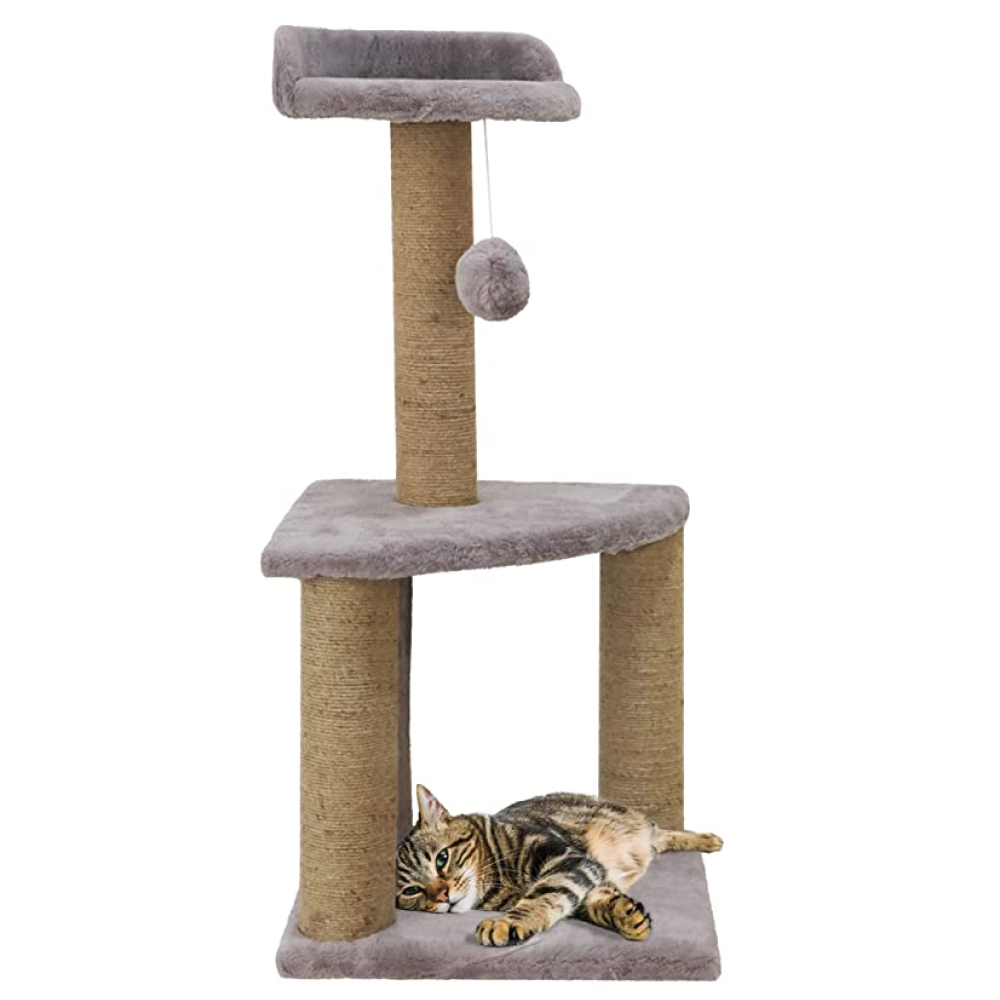 Hiputee Soft Fur Activity, Scratching Post, Natural Sisal Rope, Two Floor Tower, Hanging Ball Tree for Cats (Grey)