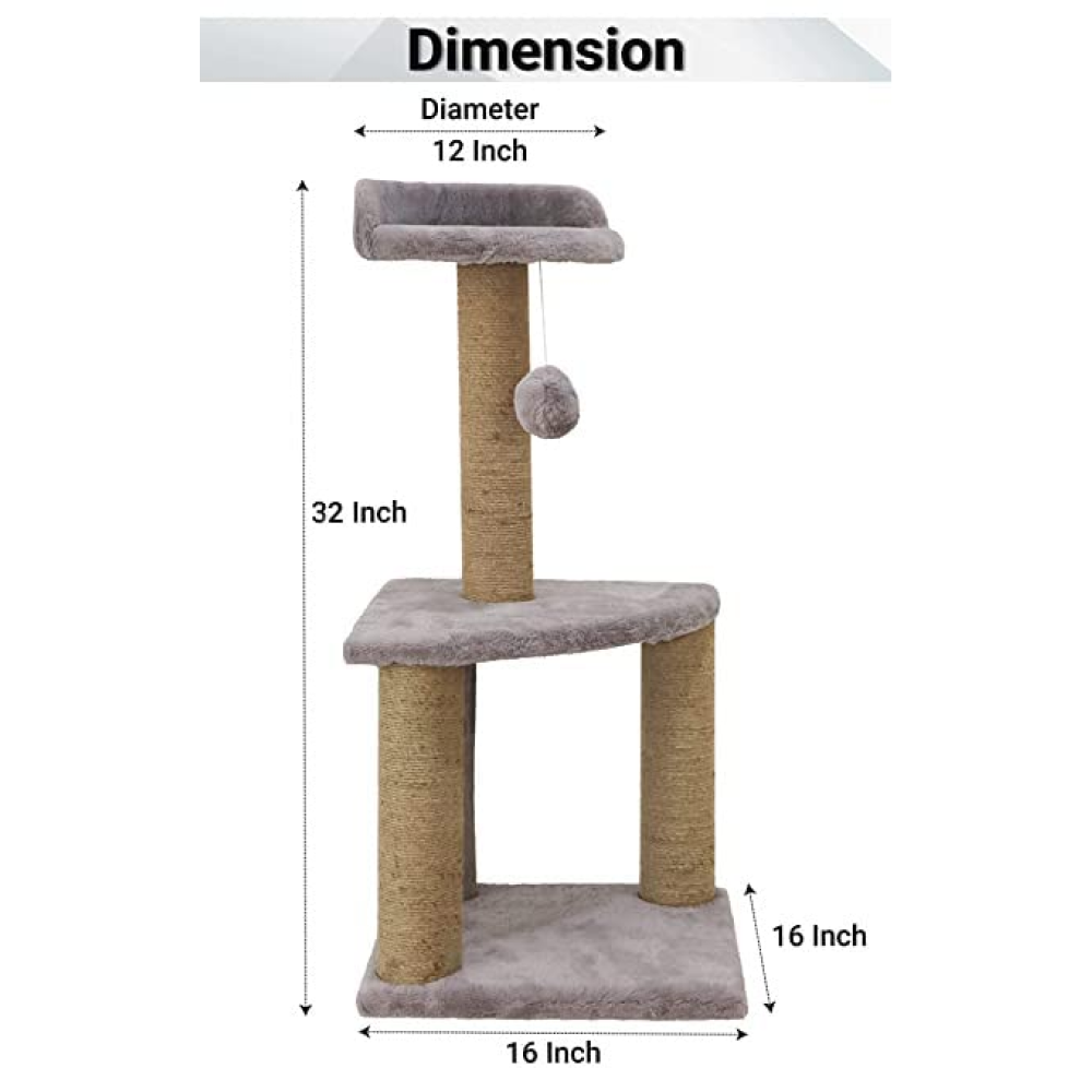 Hiputee Soft Fur Activity, Scratching Post, Natural Sisal Rope, Two Floor Tower, Hanging Ball Tree for Cats (Grey)