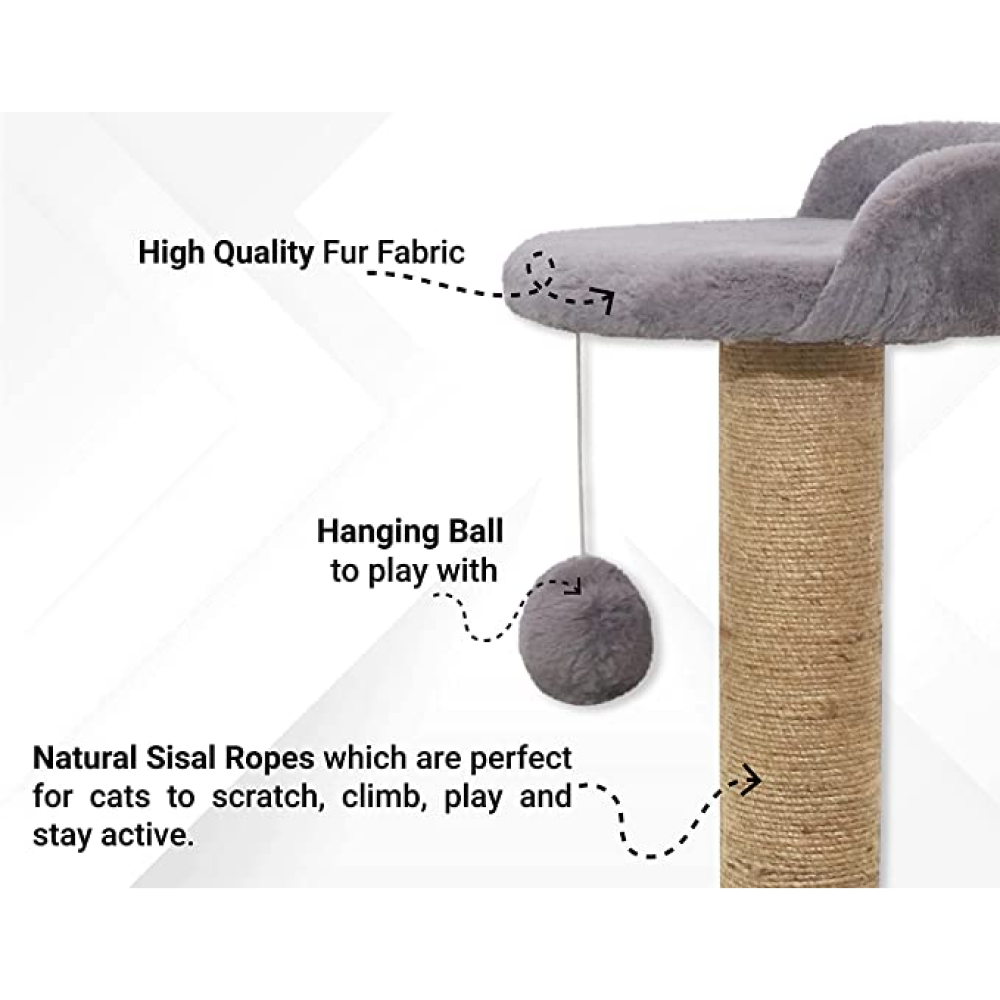 Hiputee Soft Fur Activity, Scratching Post, Natural Sisal Rope, Two Floor Tower, Hanging Ball Tree for Cats (Grey)