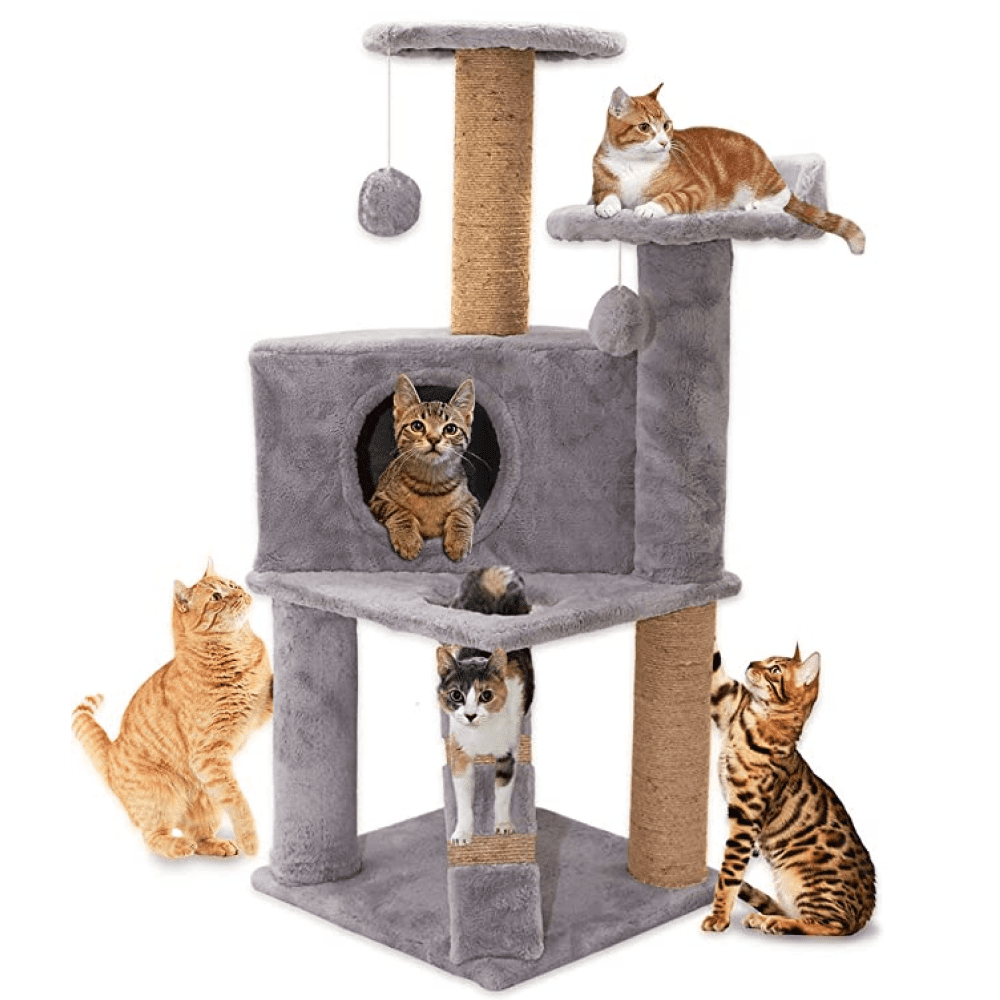 Hiputee Soft Fur Condo, Natural Sisal Rope, Scratching Post, Hanging Balls Tree for Cats (Grey)