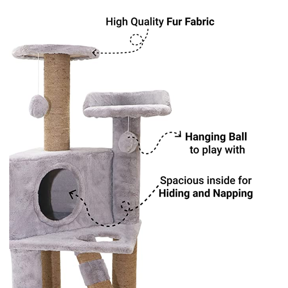 Hiputee Soft Fur Condo, Natural Sisal Rope, Scratching Post, Hanging Balls Tree for Cats (Grey)
