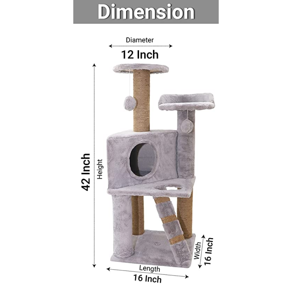 Hiputee Soft Fur Condo, Natural Sisal Rope, Scratching Post, Hanging Balls Tree for Cats (Grey)