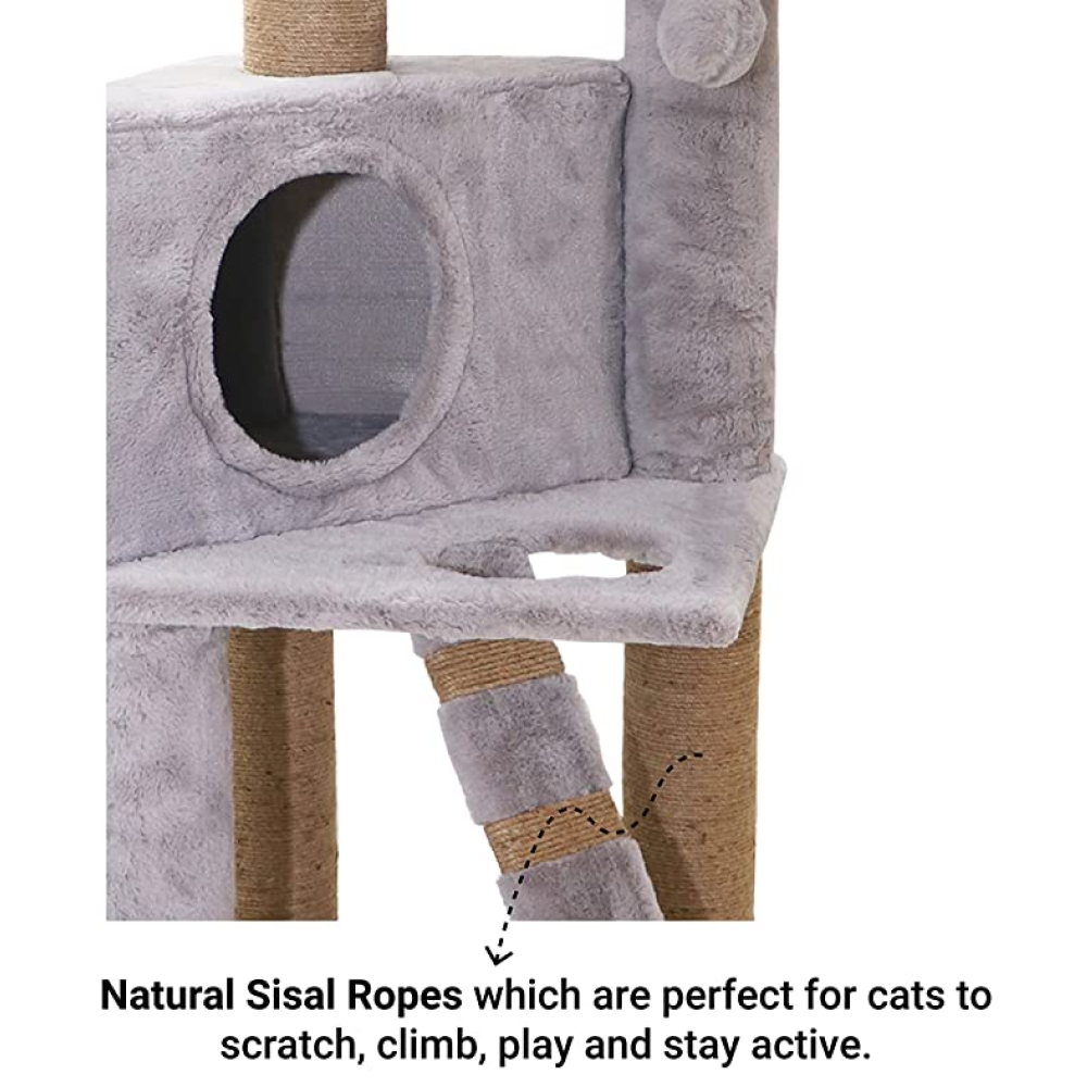 Hiputee Soft Fur Condo, Natural Sisal Rope, Scratching Post, Hanging Balls Tree for Cats (Grey)