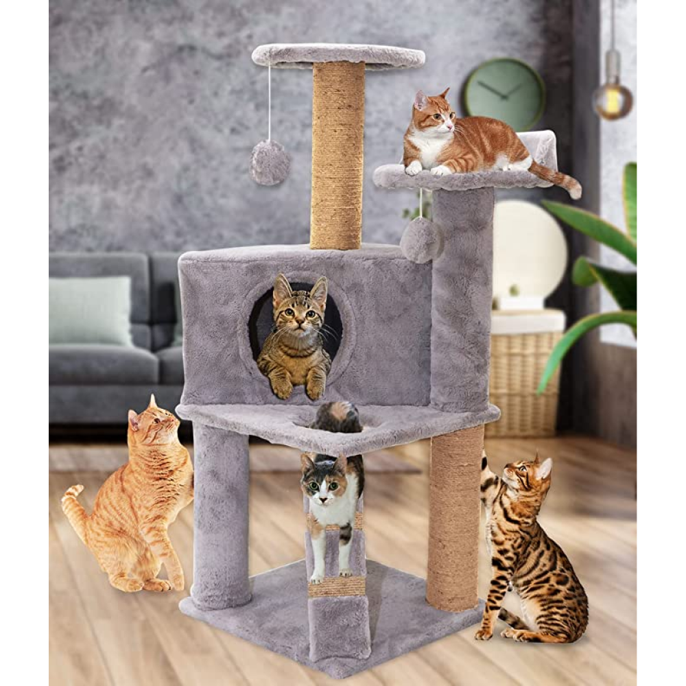Hiputee Soft Fur Condo, Natural Sisal Rope, Scratching Post, Hanging Balls Tree for Cats (Grey)