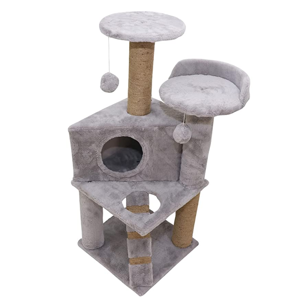 Hiputee Soft Fur Condo, Natural Sisal Rope, Scratching Post, Hanging Balls Tree for Cats (Grey)