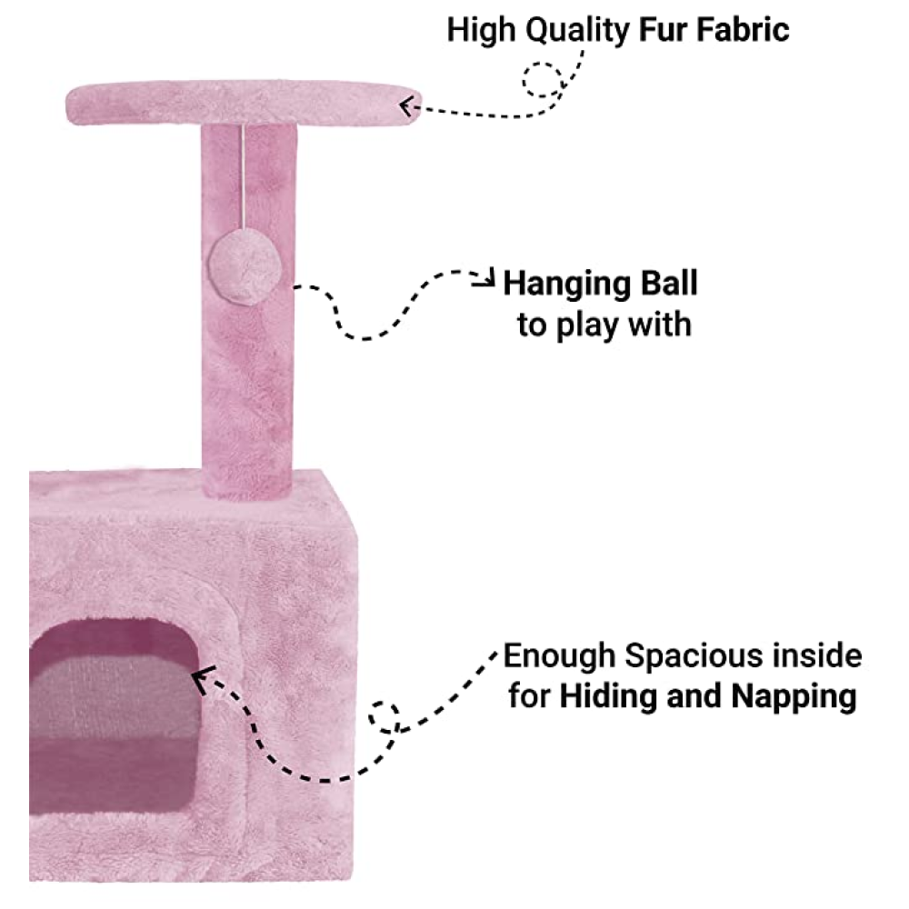 Hiputee Fur Cat Activity Tree, Two Floor Tower, Natural Sisal Rope, Scratching Post, Hanging Balls for Cats and Kitten (Pink)