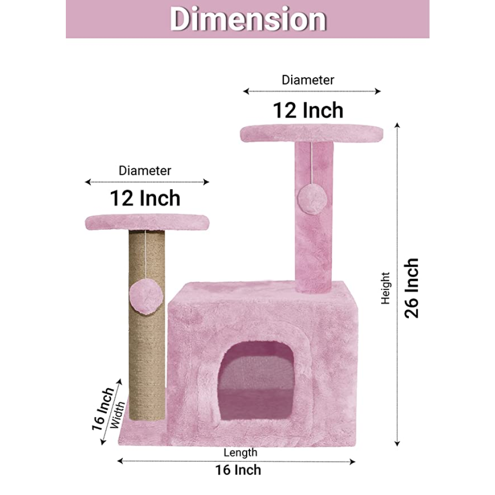 Hiputee Fur Cat Activity Tree, Two Floor Tower, Natural Sisal Rope, Scratching Post, Hanging Balls for Cats and Kitten (Pink)