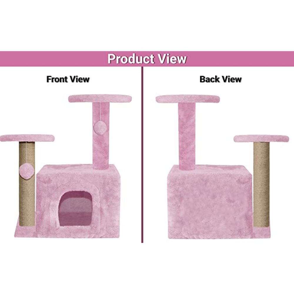 Hiputee Fur Cat Activity Tree, Two Floor Tower, Natural Sisal Rope, Scratching Post, Hanging Balls for Cats and Kitten (Pink)