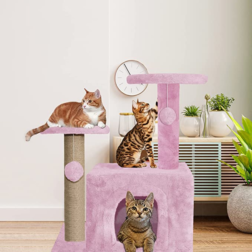 Hiputee Fur Cat Activity Tree, Two Floor Tower, Natural Sisal Rope, Scratching Post, Hanging Balls for Cats and Kitten (Pink)
