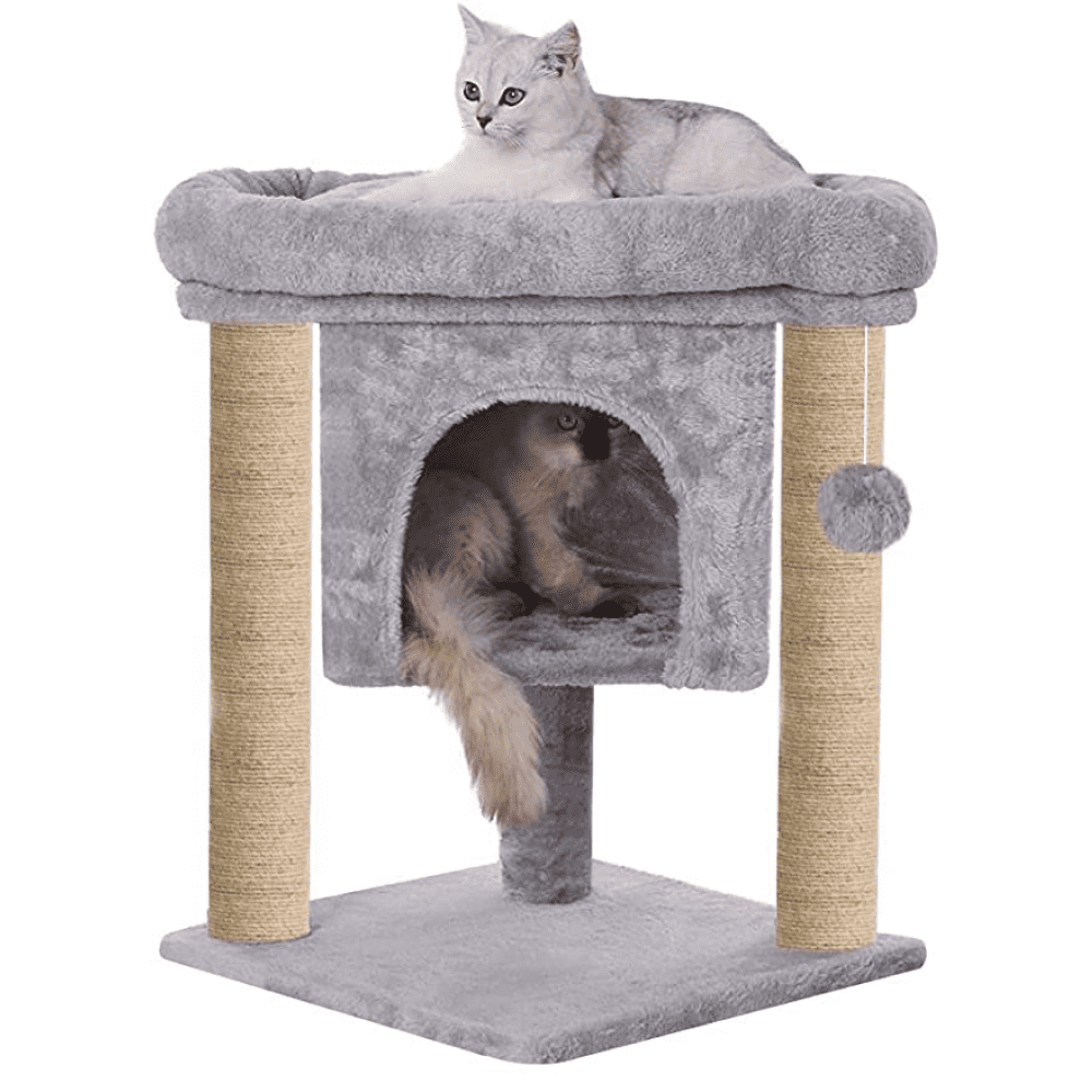 Hiputee Activity Tree, Plush Fur Fabric, Hanging Ball, Condo & Detachable Bed, Natural Sisal/Jute Covered Rope Tree for Cats (Grey)