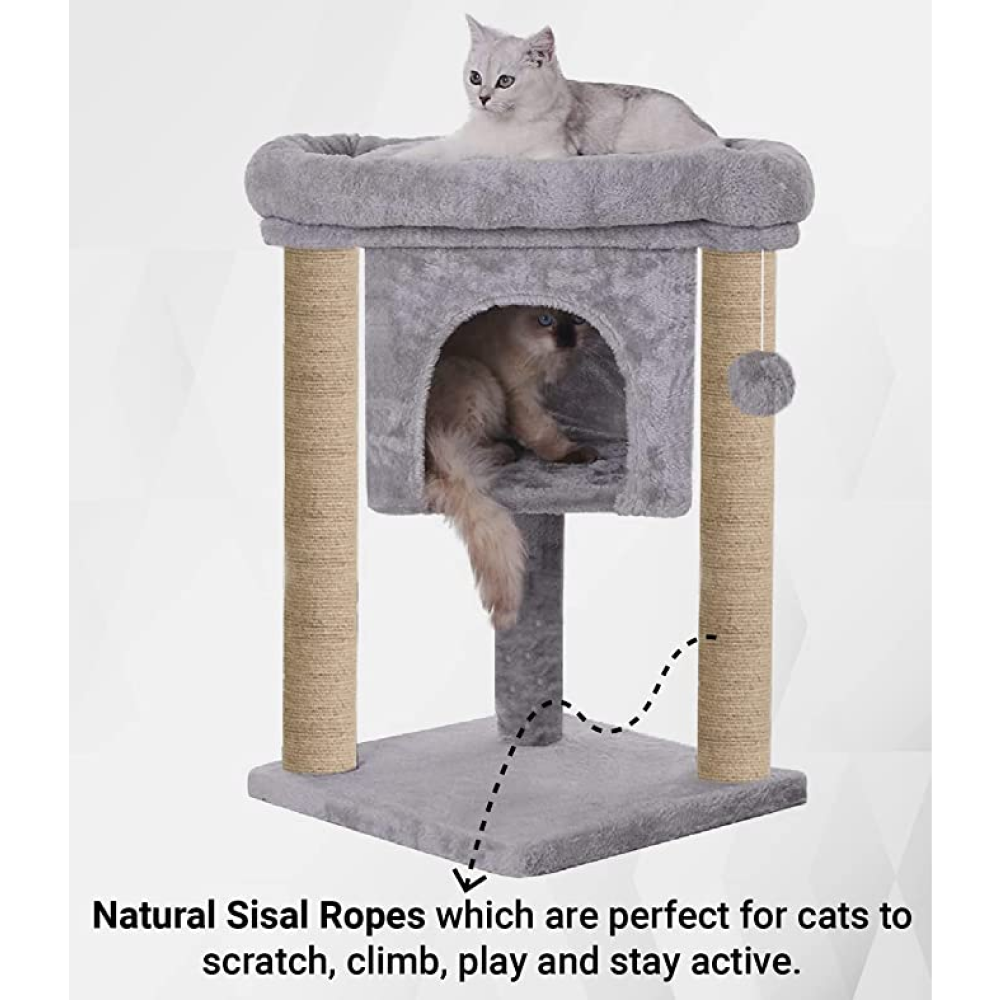 Hiputee Activity Tree, Plush Fur Fabric, Hanging Ball, Condo & Detachable Bed, Natural Sisal/Jute Covered Rope Tree for Cats (Grey)