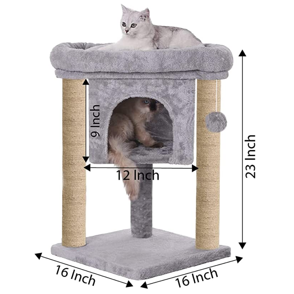 Hiputee Activity Tree, Plush Fur Fabric, Hanging Ball, Condo & Detachable Bed, Natural Sisal/Jute Covered Rope Tree for Cats (Grey)