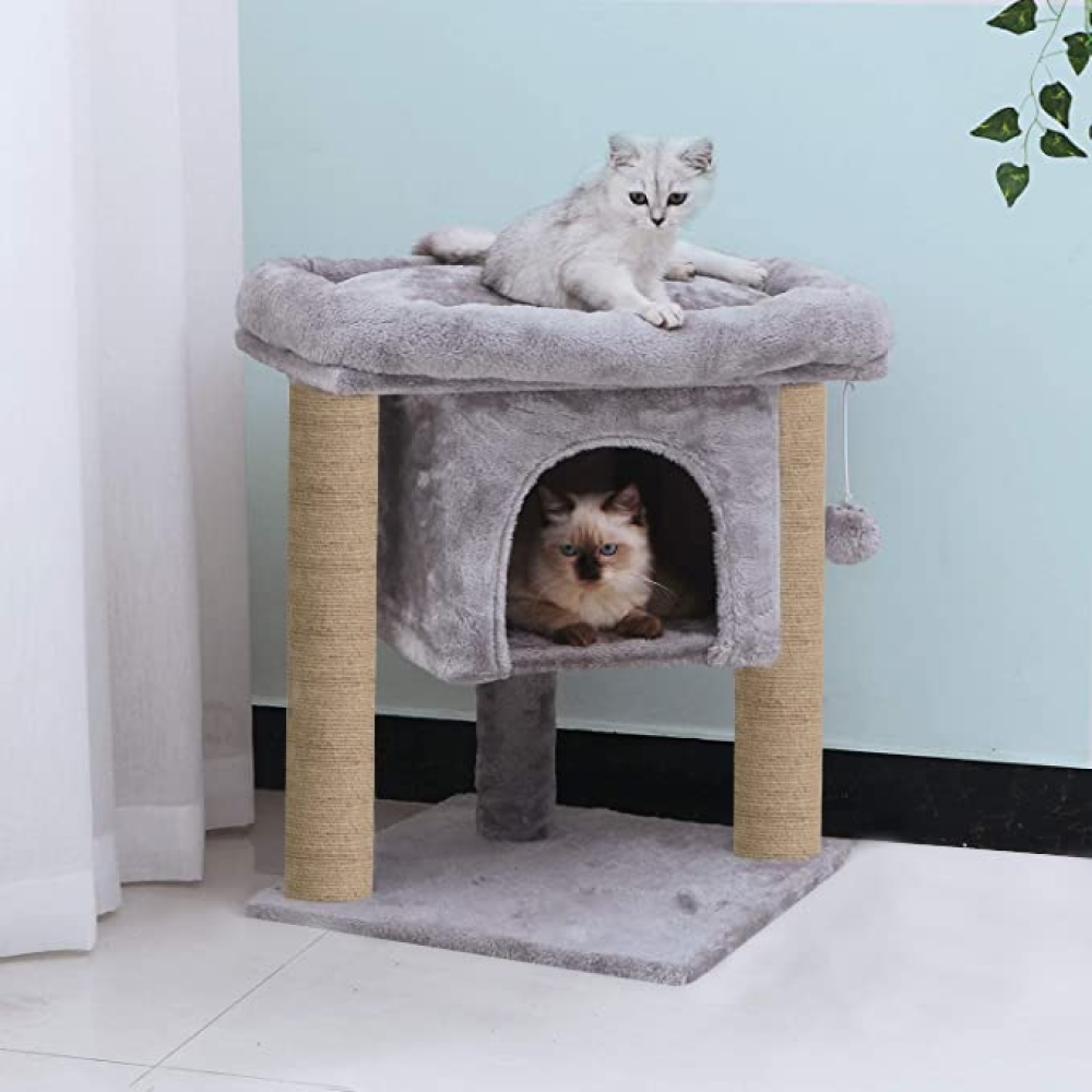Hiputee Activity Tree, Plush Fur Fabric, Hanging Ball, Condo & Detachable Bed, Natural Sisal/Jute Covered Rope Tree for Cats (Grey)