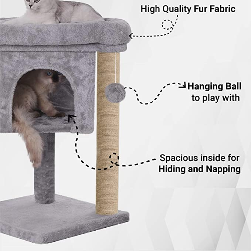 Hiputee Activity Tree, Plush Fur Fabric, Hanging Ball, Condo & Detachable Bed, Natural Sisal/Jute Covered Rope Tree for Cats (Grey)