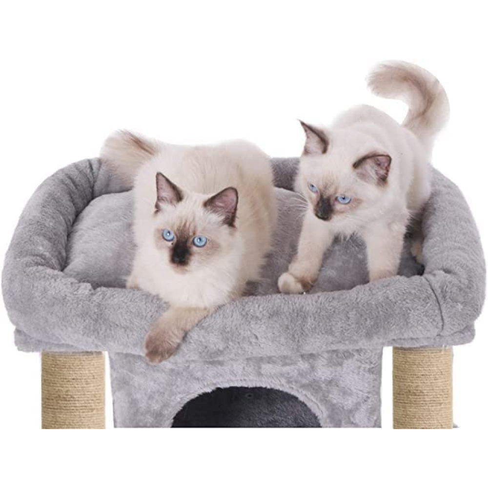 Hiputee Activity Tree, Plush Fur Fabric, Hanging Ball, Condo & Detachable Bed, Natural Sisal/Jute Covered Rope Tree for Cats (Grey)