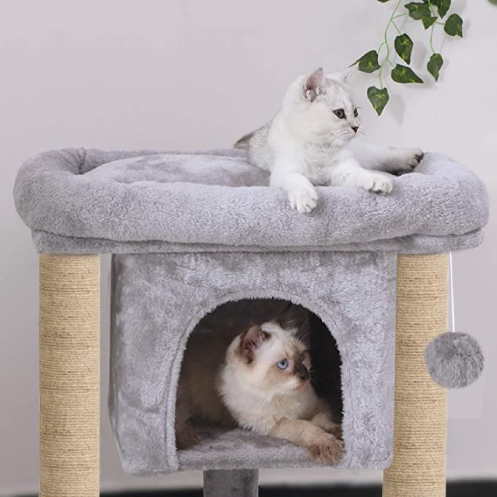 Hiputee Activity Tree, Plush Fur Fabric, Hanging Ball, Condo & Detachable Bed, Natural Sisal/Jute Covered Rope Tree for Cats (Grey)