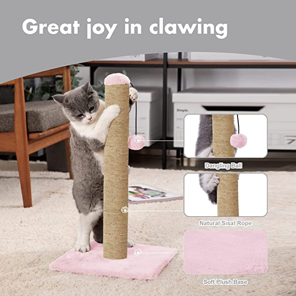 Hiputee Scratching Post, Hanging Ball, Plush Fur Fabric, Sisal/Jute Rope, Stable Heavy Base Tree for Cats (Pink)