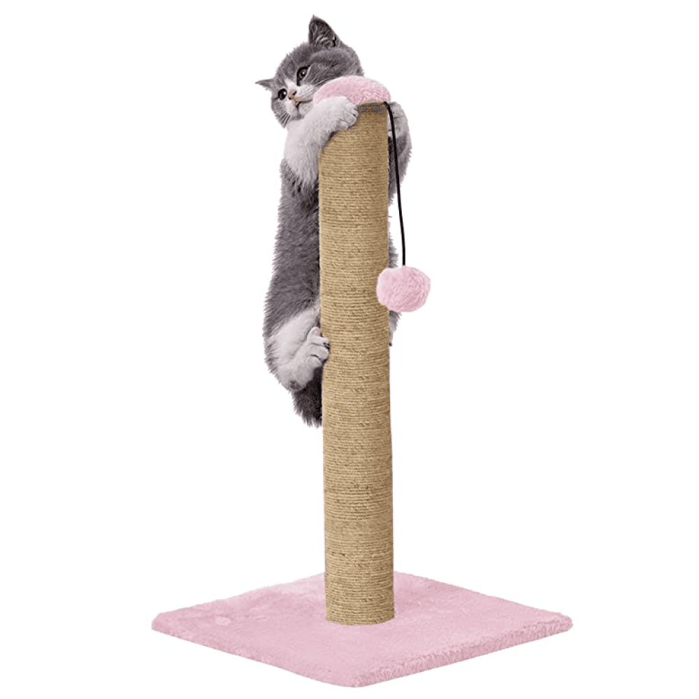 Hiputee Scratching Post, Hanging Ball, Plush Fur Fabric, Sisal/Jute Rope, Stable Heavy Base Tree for Cats (Pink)