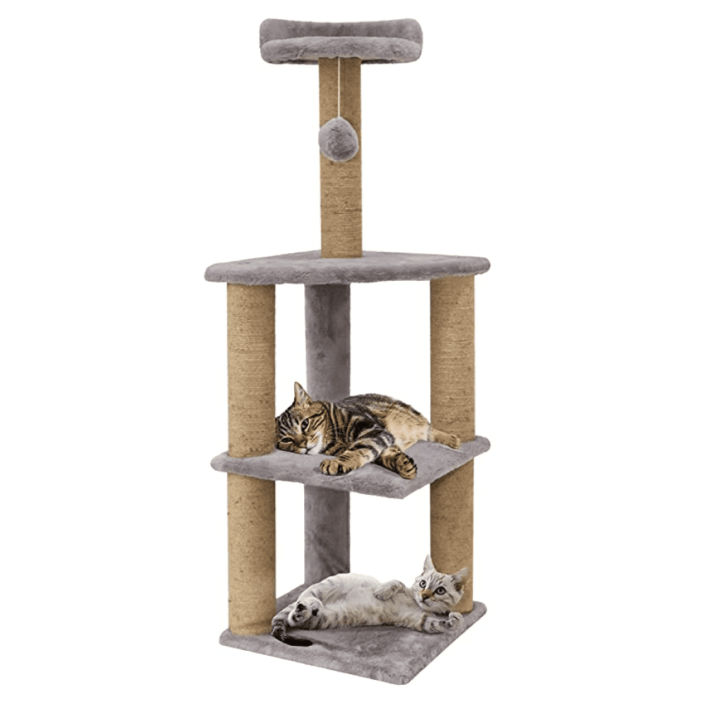 Hiputee Soft Fur Activity - Scratching Post, Natural Sisal Rope, Three Floor Tower, Hanging Ball Tree for Cats (Grey)