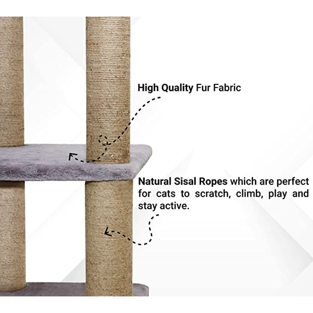 Hiputee Soft Fur Activity - Scratching Post, Natural Sisal Rope, Three Floor Tower, Hanging Ball Tree for Cats (Grey)