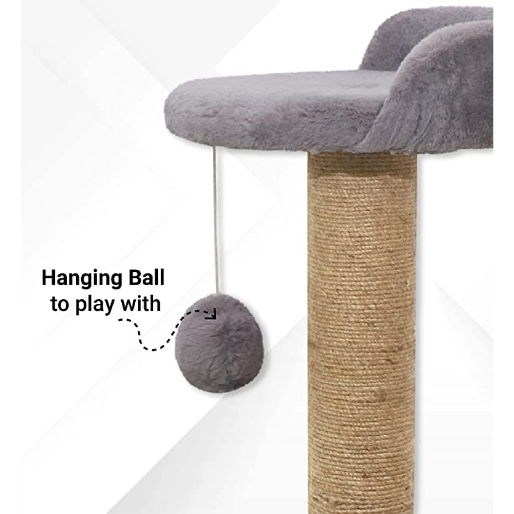 Hiputee Soft Fur Activity - Scratching Post, Natural Sisal Rope, Three Floor Tower, Hanging Ball Tree for Cats (Grey)