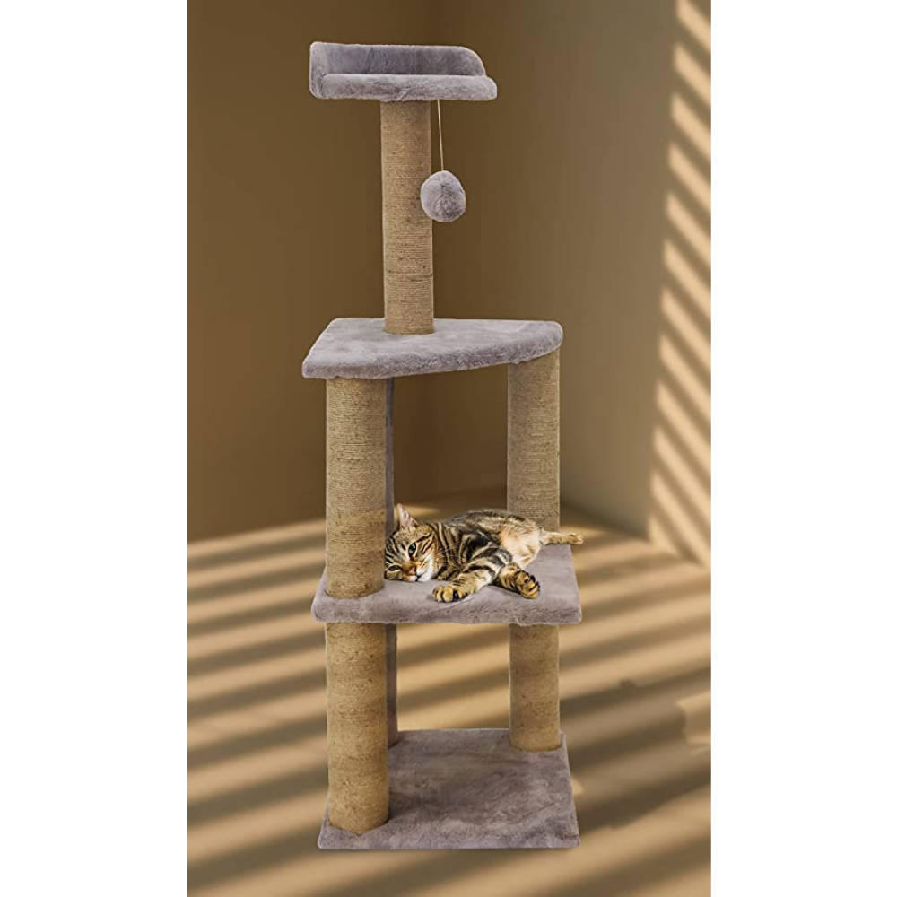 Hiputee Soft Fur Activity - Scratching Post, Natural Sisal Rope, Three Floor Tower, Hanging Ball Tree for Cats (Grey)