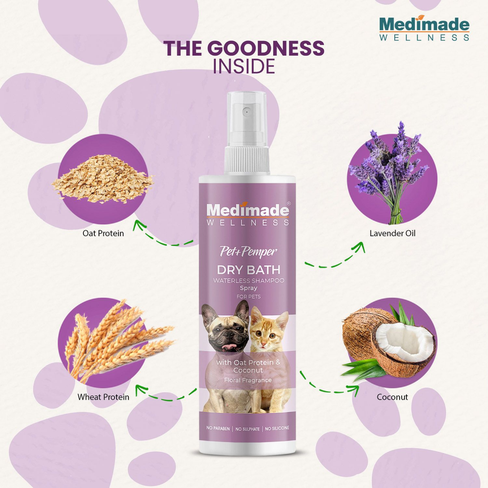 Medimade Dry Bath Waterless Shampoo with Oat Protein & Coconuts for Pets