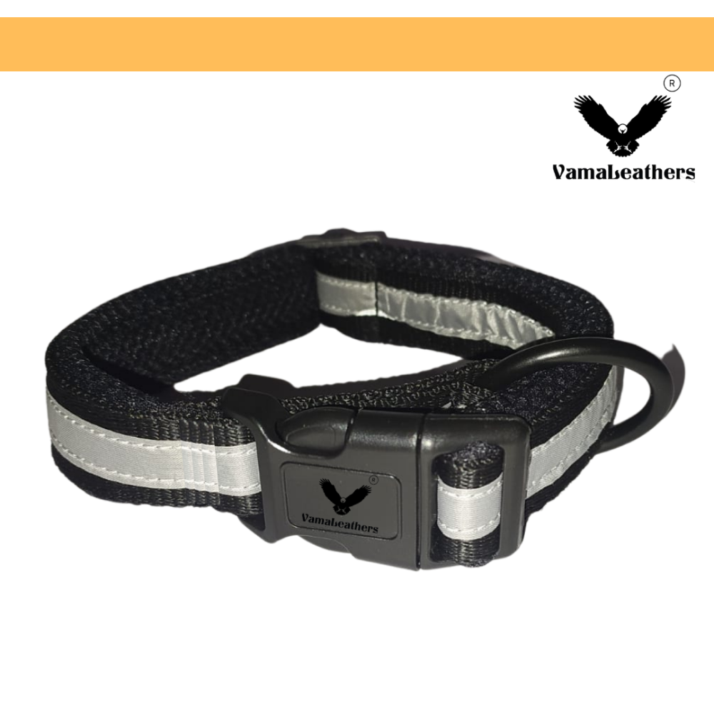 Vama Leathers Night Visible Reflective All Weather Everyday Collar for Dogs (Shiny Black)
