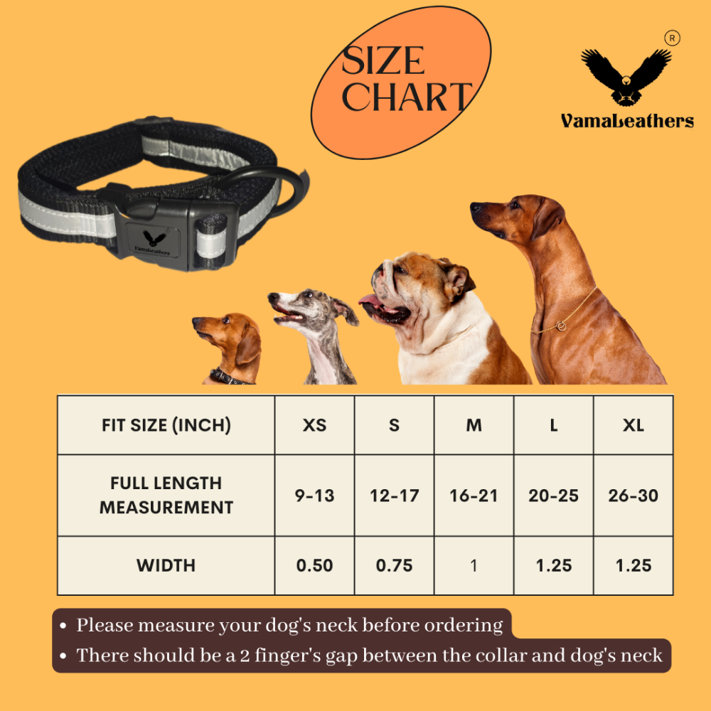 Vama Leathers Night Visible Reflective All Weather Everyday Collar for Dogs (Shiny Black)