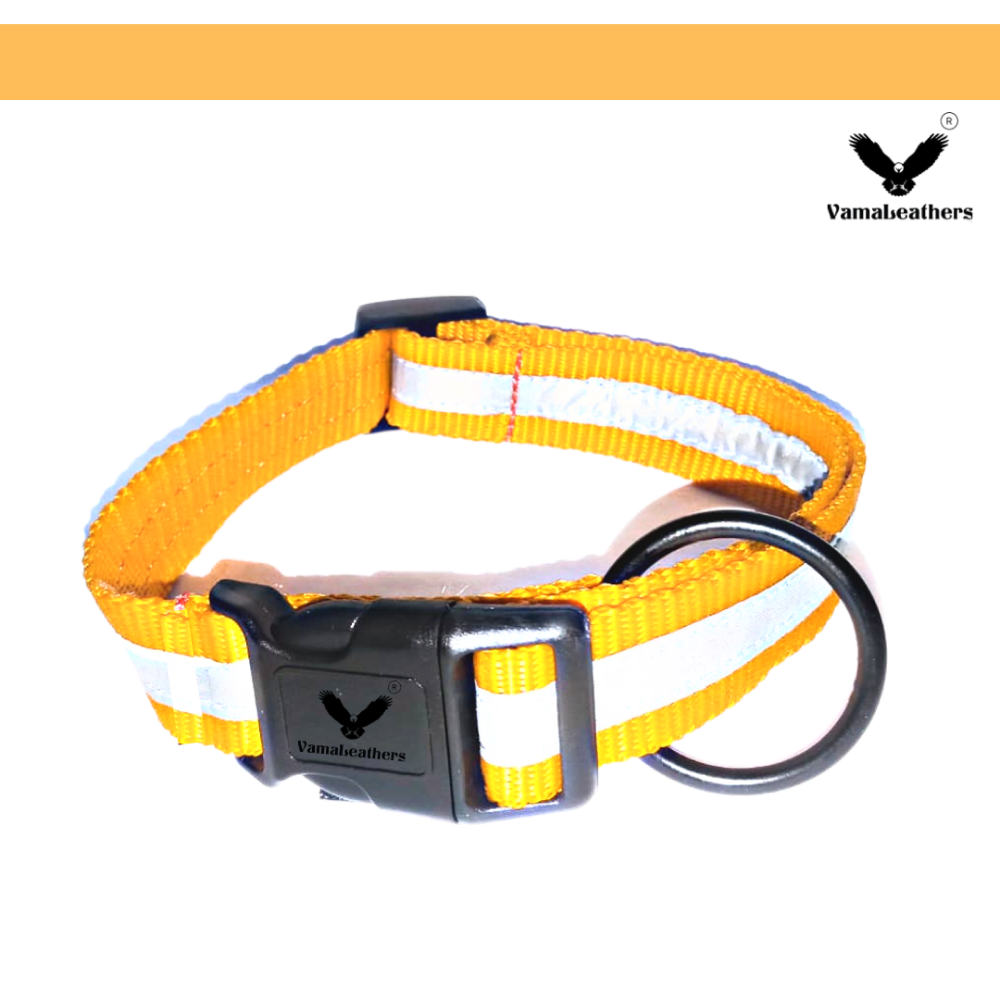 Vama Leathers Night Visible Reflective All Weather Everyday Collar for Dogs (Sunrise Orange)