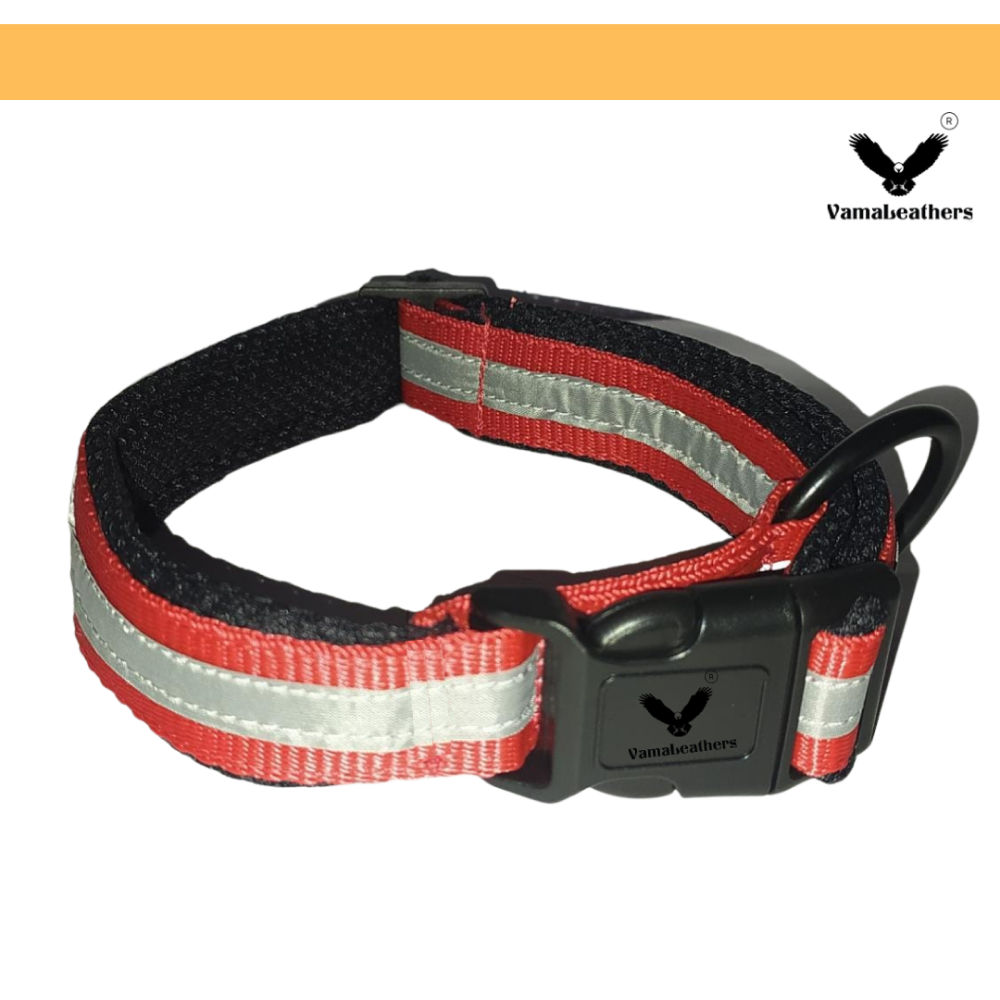 Vama Leathers Night Visible Reflective All Weather Everyday Collar for Dogs (Scarlet Red)
