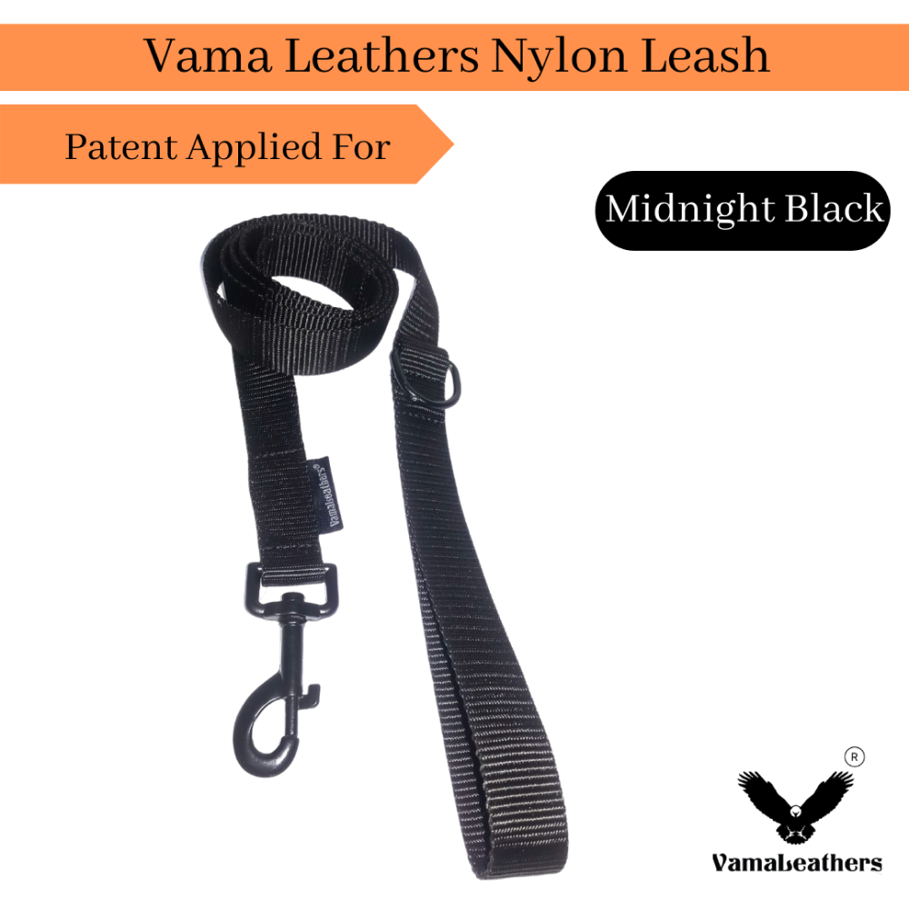 Vama Leathers Super Strong & Durable Nylon Leash for Dogs (Midnight Black)